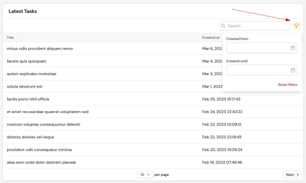 filament table widget filter