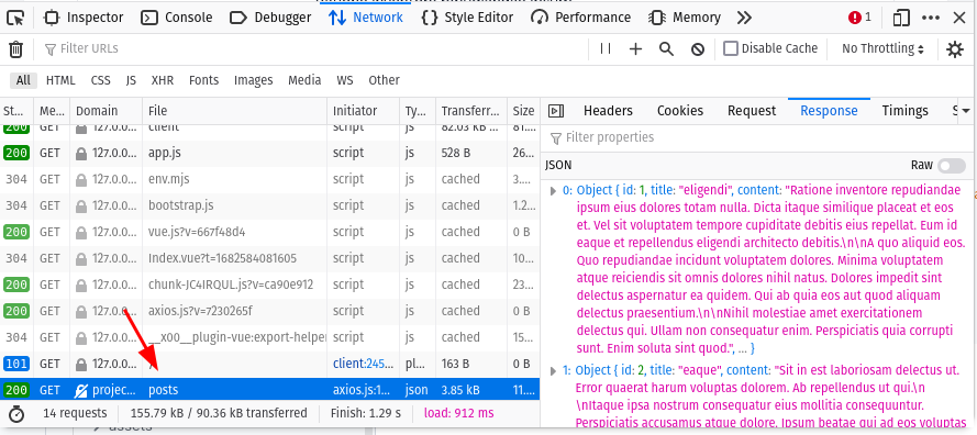 api posts network tab