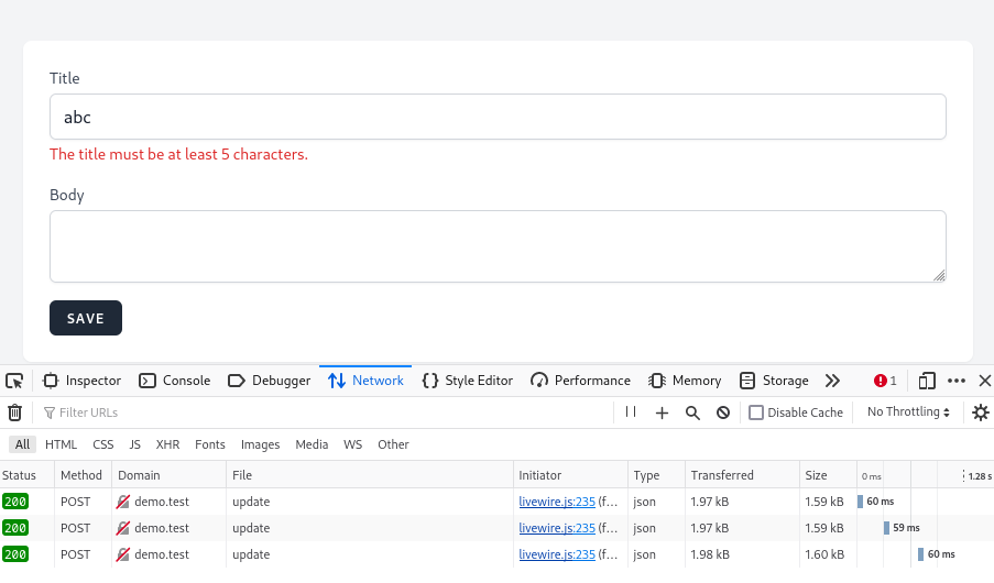 wire:model.live server requests