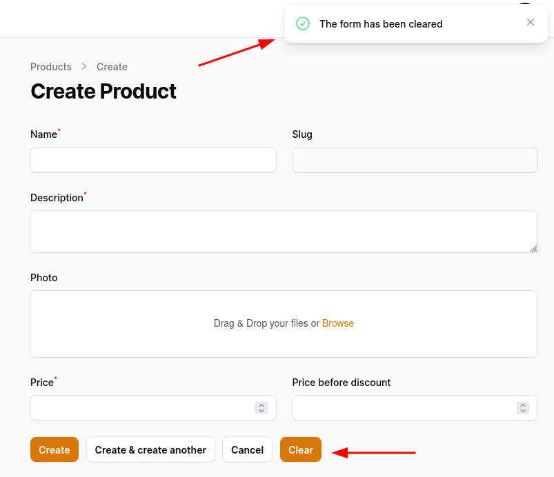 clear form action and notification